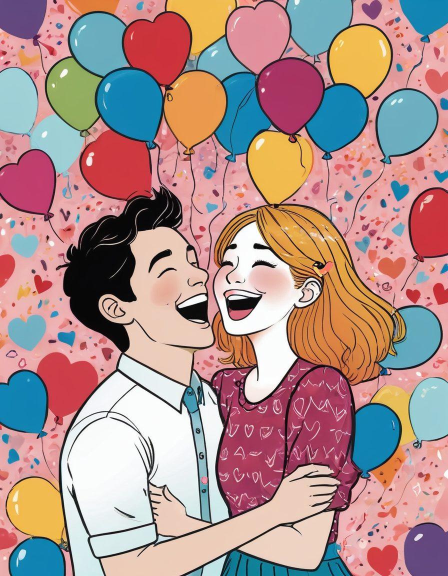 A whimsical illustration of a couple laughing together, surrounded by quirky doodles of hearts, funny quotes, and playful emojis. Vibrant colors create a joyful atmosphere, with floating balloons and confetti adding to the celebratory vibe of love. The background should have a soft, pastel gradient to enhance the lighthearted feel. comic strip style. vibrant colors.