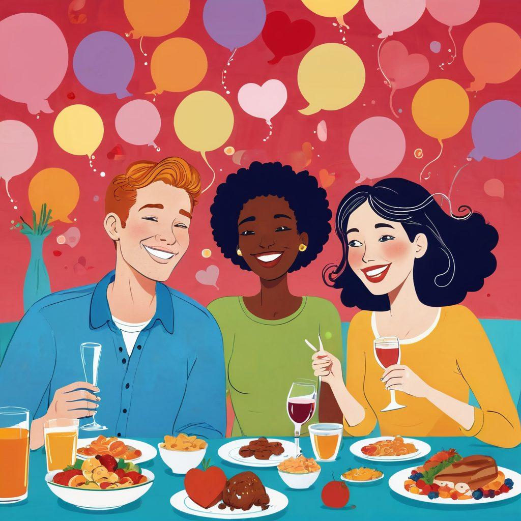 A whimsical illustration of a diverse couple sharing laughter over a dinner table filled with humorous conversation bubbles and delightful food. Bright, cheerful colors amplify the joyous atmosphere, with playful accents such as hearts or smiley faces around them. The background features a cozy, animated setting that suggests warmth and intimacy. cartoon style. vibrant colors.