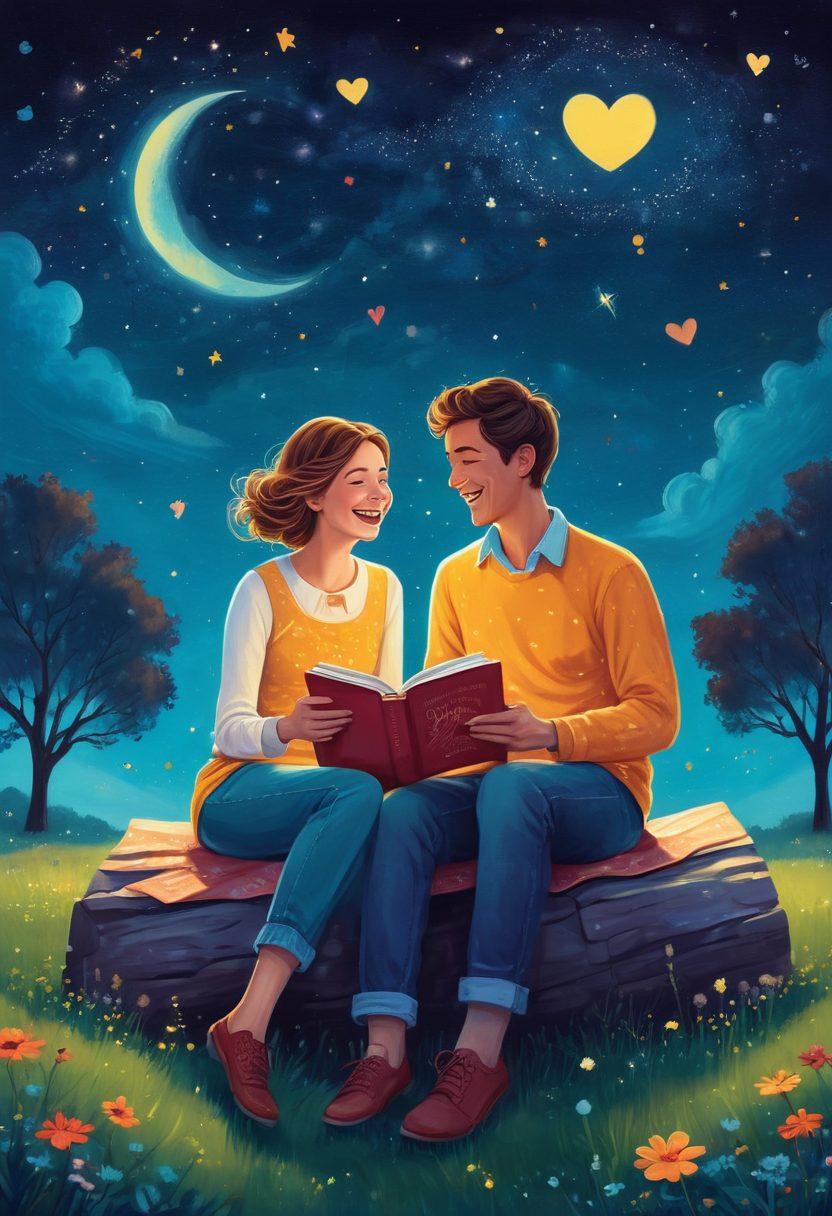 A whimsical scene featuring a couple sitting together, laughing under a starry night sky. One partner holds a book of silly jokes while the other shares heartfelt quotes, exchanging smiles and warmth. Surround them with floating hearts and whimsical doodles of laughter, capturing the essence of love infused with humor. The colors should be vibrant and lively, evoking joy and affection. digital illustration. vibrant colors. whimsical style.